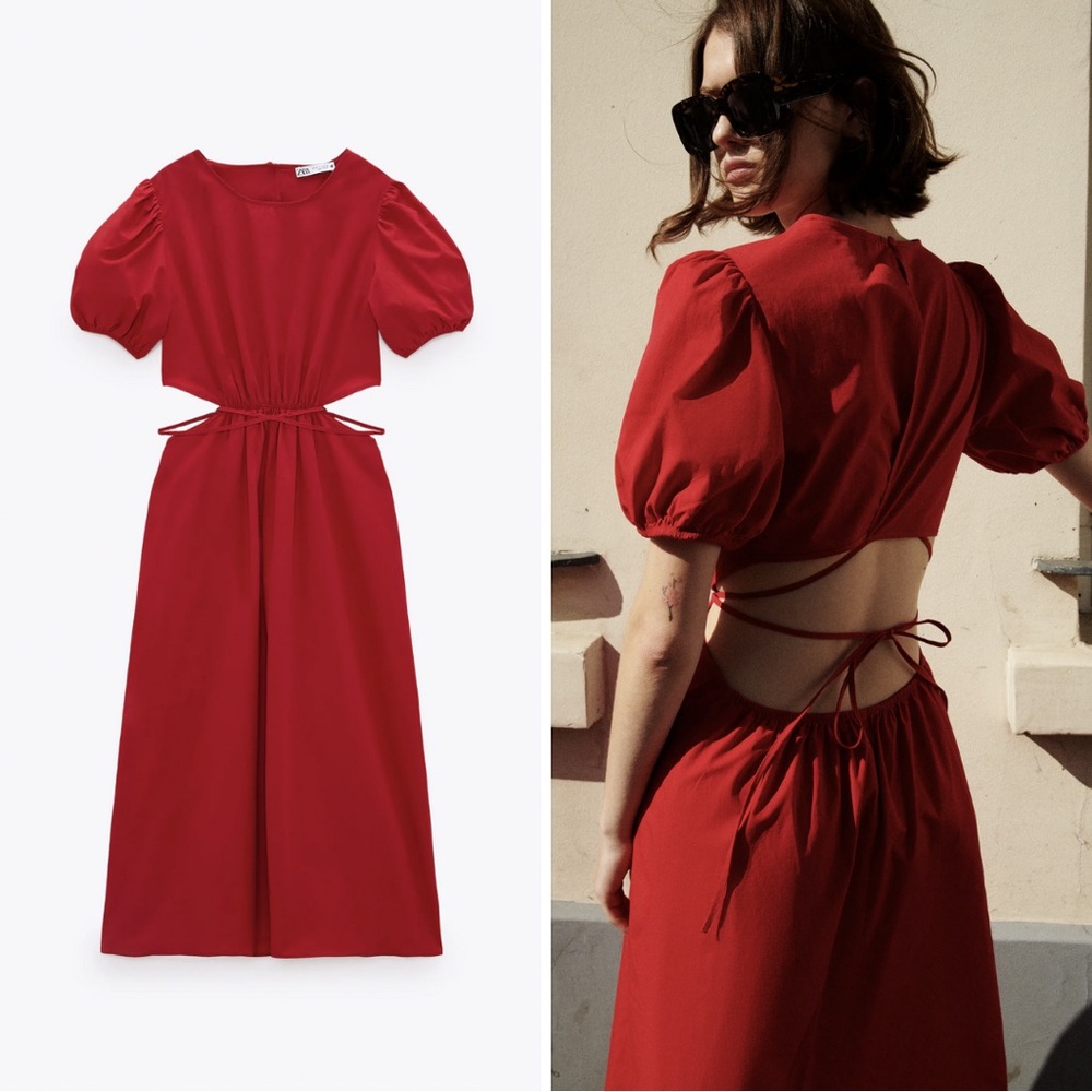 Zara Red Open Back cut out poplin midi summer dress 🍓size Large